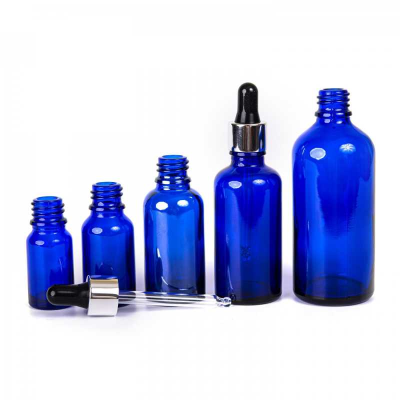 Glass bottle, so called vial, made of thick glass of dark blue colour. It is used for storing liquids, which, thanks to its colour, it effectively protects from