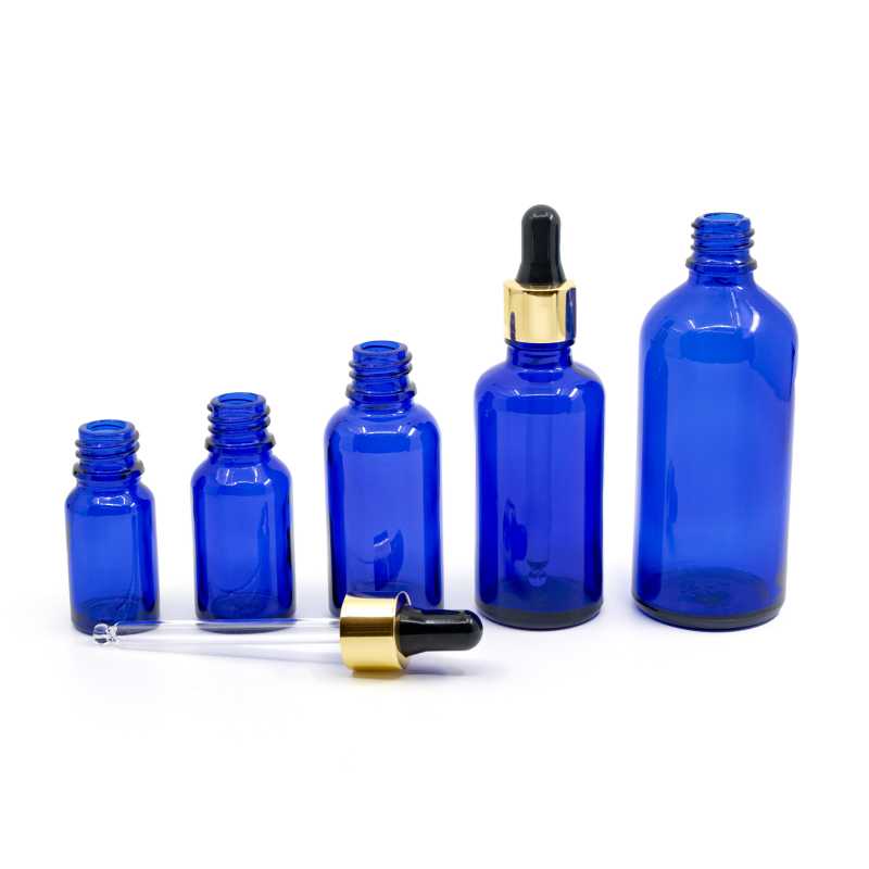 Blue Glass Bottle, Gold Black Dropper, 30 ml