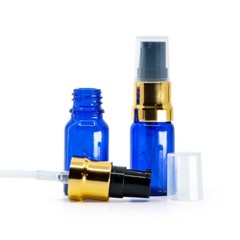 Blue Glass Bottle, Glossy Gold Black Pump With Clear Overcap, 10 ml