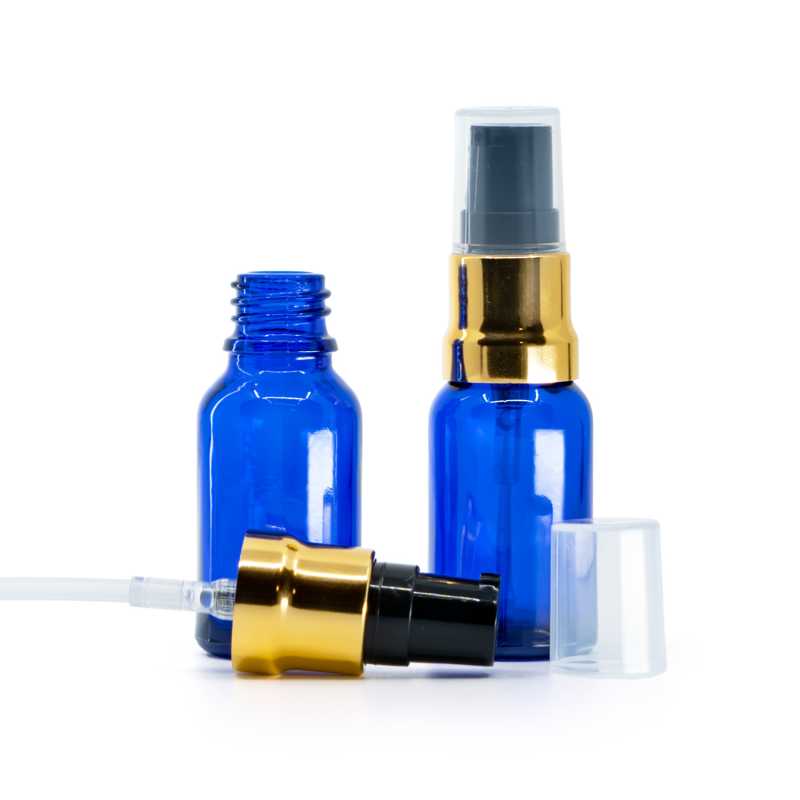 Blue Glass Bottle, Glossy Gold Black Pump With Clear Overcap, 15 ml