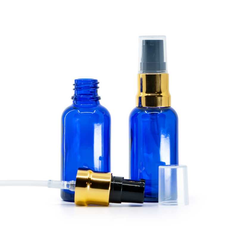 Blue Glass Bottle, Glossy Gold Black Pump With Clear Overcap, 30 ml