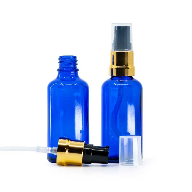 Blue Glass Bottle, Glossy Gold Black Pump With Clear Overcap, 50 ml