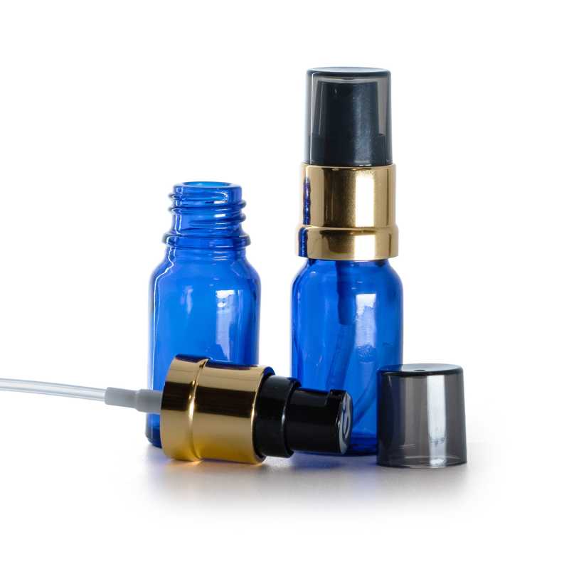 Blue Glass Bottle, Glossy Golden Black Pump with Smoky Overcap, 10 ml