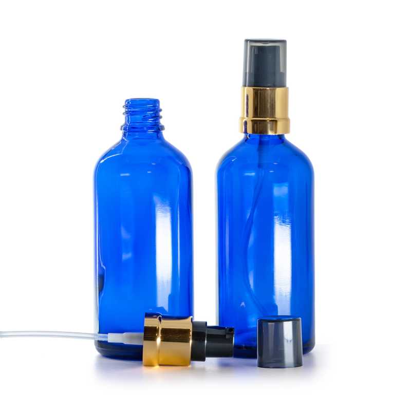 Blue Glass Bottle, Glossy Golden Black Pump with Smoky Overcap, 100 ml
