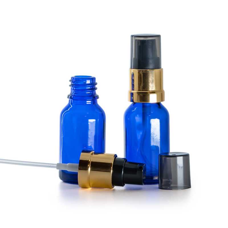 Blue Glass Bottle, Glossy Golden Black Pump with Smoky Overcap, 15 ml