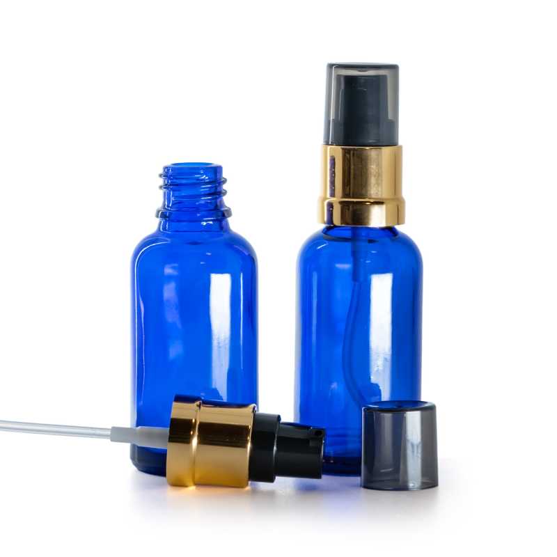 Blue Glass Bottle, Glossy Golden Black Pump with Smoky Overcap, 30 ml