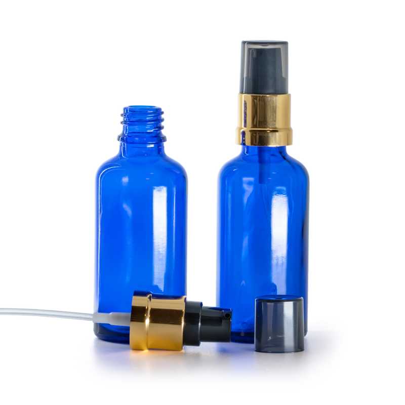 Blue Glass Bottle, Glossy Golden Black Pump with Smoky Overcap, 50 ml