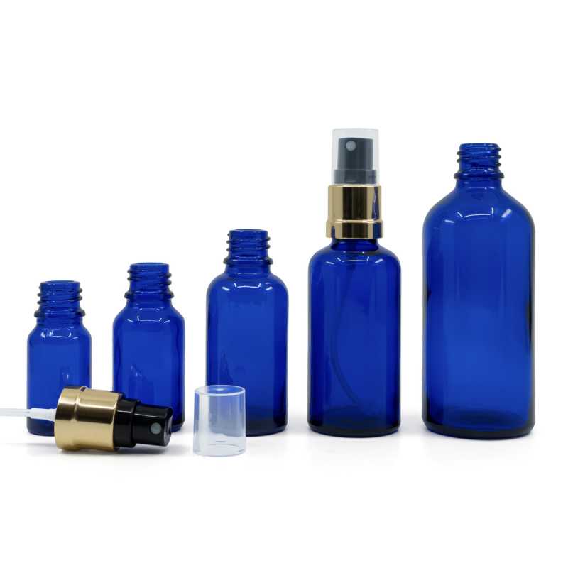 Blue Glass Bottle, Glossy Gold Black Spray, 15 ml