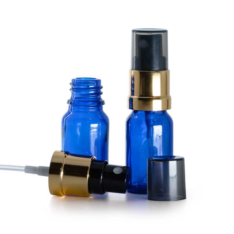 Blue Glass Bottle, Glossy Gold Black Spray, Smoky Overcap, 10 ml