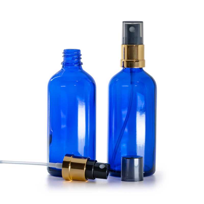 Blue Glass Bottle, Glossy Gold Black Spray, Smoky Overcap, 100 ml