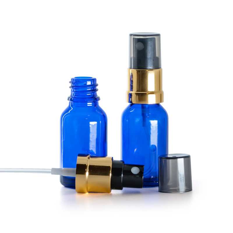 Blue Glass Bottle, Glossy Gold Black Spray, Smoky Overcap, 15 ml