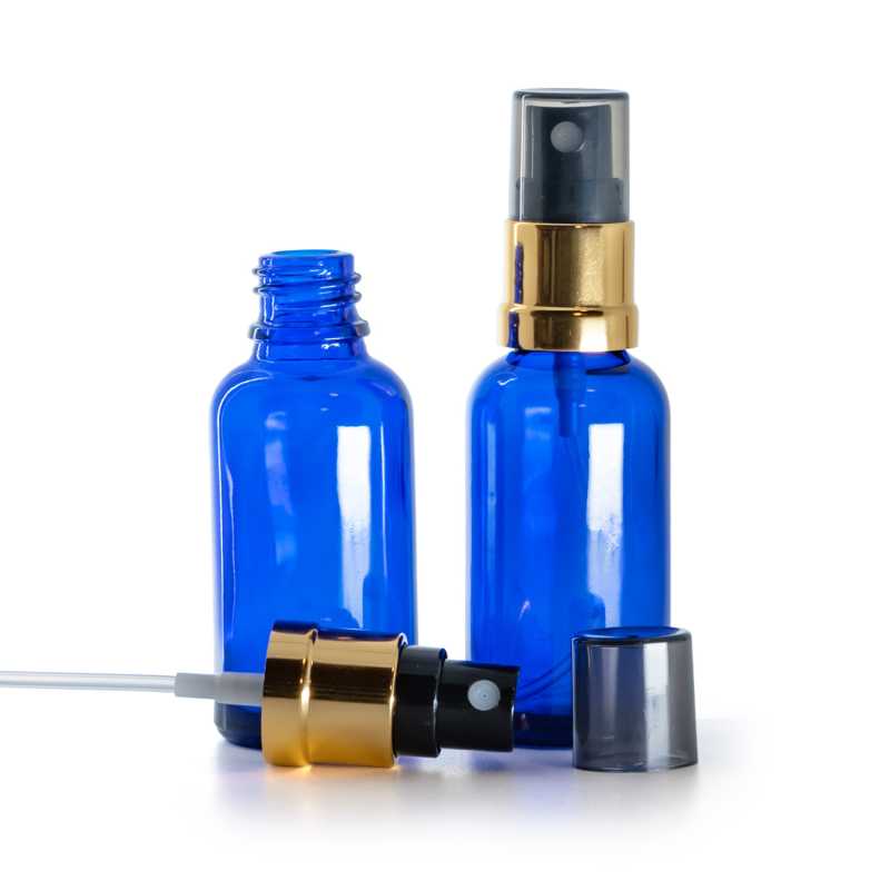 Blue Glass Bottle, Glossy Gold Black Spray, Smoky Overcap, 30 ml
