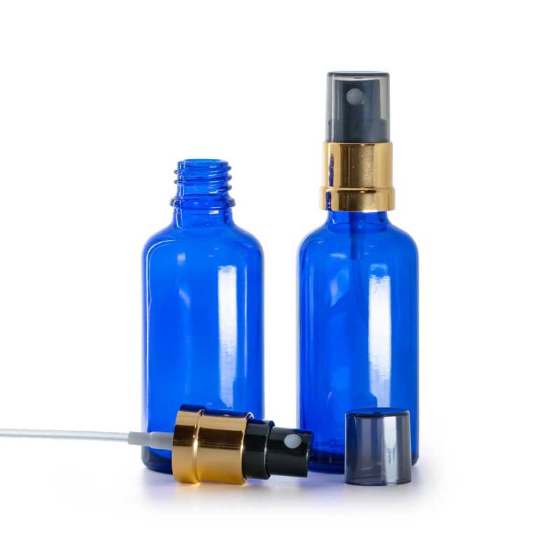Blue Glass Bottle, Glossy Gold Black Spray, Smoky Overcap, 50 ml