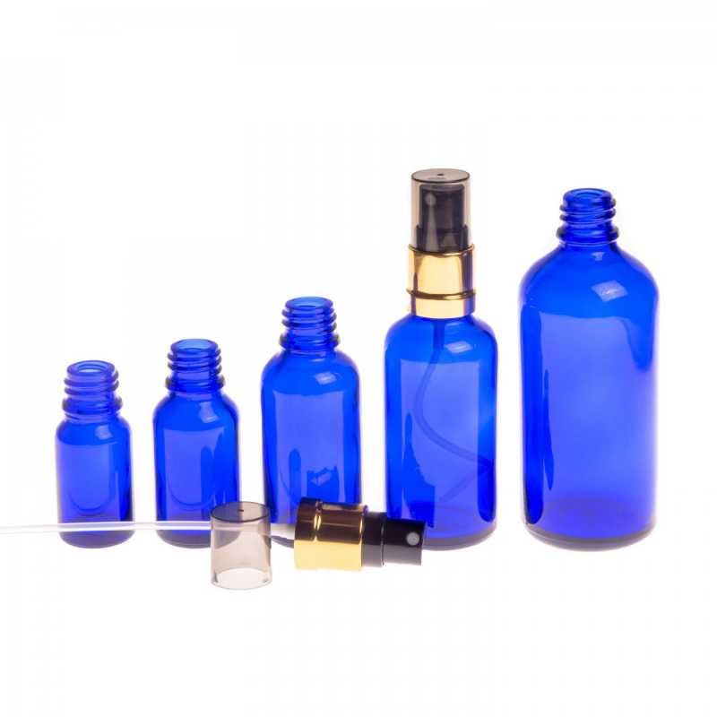 Blue Glass Bottle, Glossy Gold Black Spray, Smokey Overcap, 50 ml