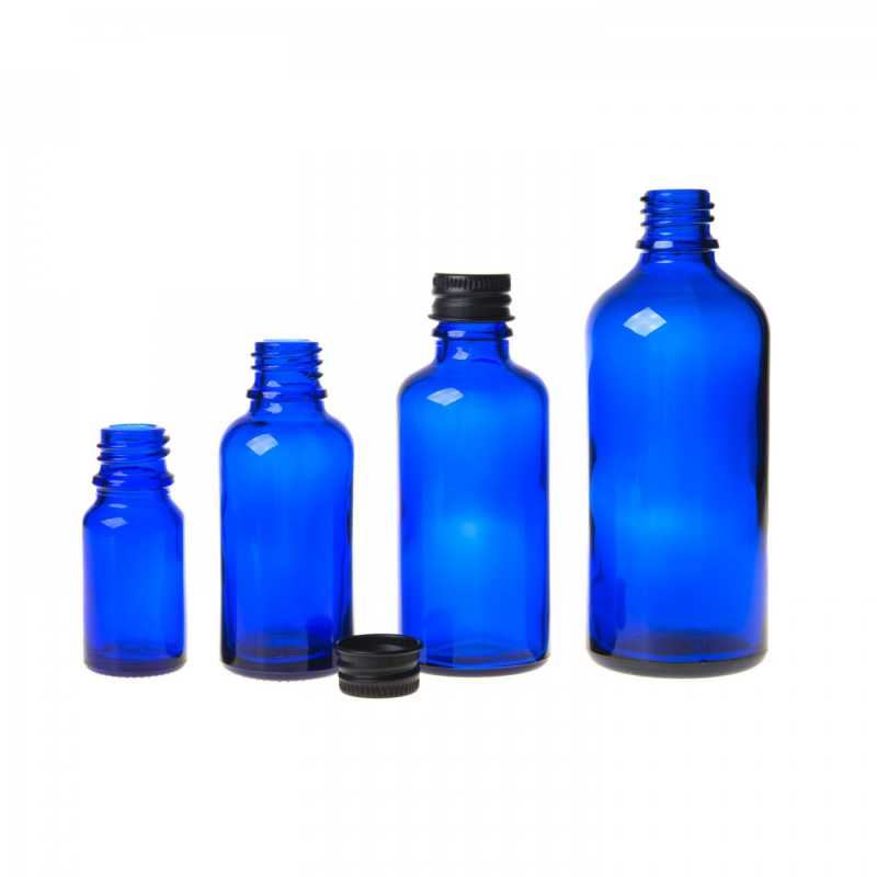 Glass bottle, so called vial, made of thick glass of dark blue colour. It is used for storing liquids, which, thanks to its colour, it effectively protects from