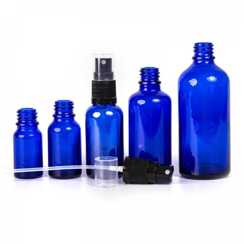 Glass bottle, so called vial, made of thick glass of dark blue colour. It is used for storing liquids, which, thanks to its colour, it effectively protects from