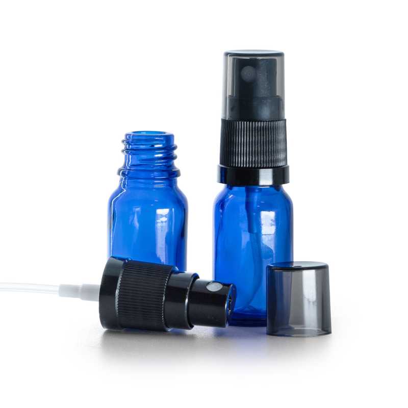 Blue Glass Bottle, Black Fine Mist Sprayer, Smoky Overcap, 10 ml