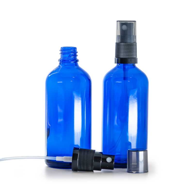 Blue Glass Bottle, Black Fine Mist Sprayer, Smoky Overcap, 100 ml