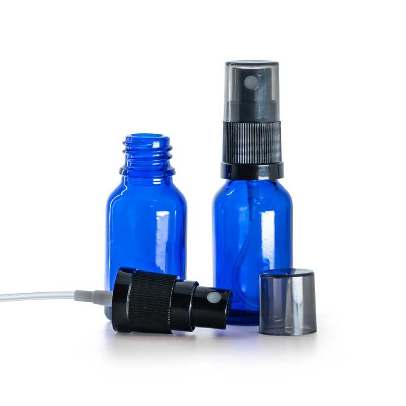 Blue Glass Bottle, Black Fine Mist Sprayer, Smoky Overcap, 15 ml