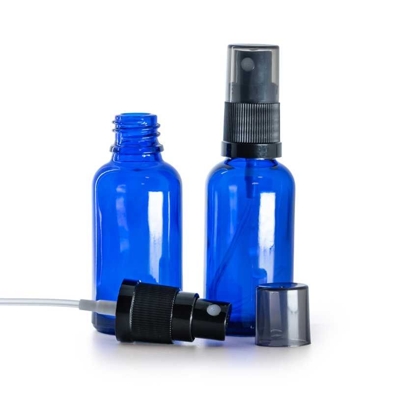 Blue Glass Bottle, Black Fine Mist Sprayer, Smoky Overcap, 30 ml