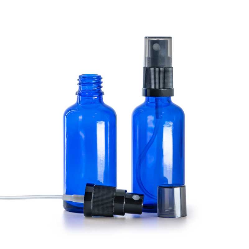 Blue Glass Bottle, Black Fine Mist Sprayer, Smoky Overcap, 50 ml