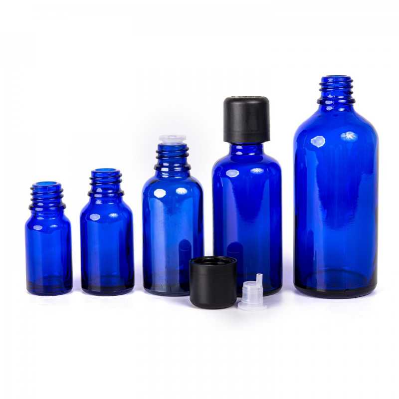 Blue Glass Bottle, Black Tamper Evident Safety Cap & Dropper 100 ml