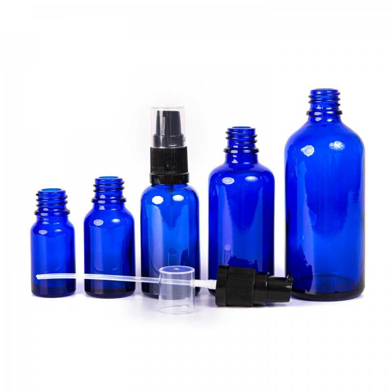 Glass bottle, so called vial, made of thick glass of dark blue colour. It is used for storing liquids, which, thanks to its colour, it effectively protects from