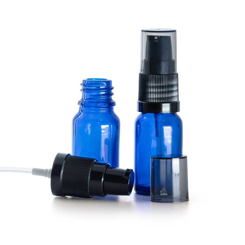 Blue Glass Bottle, Black Lotion Pump with Smoky Overcap, 10 ml