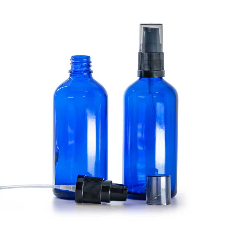 Blue Glass Bottle, Black Lotion Pump with Smoky Overcap, 100 ml