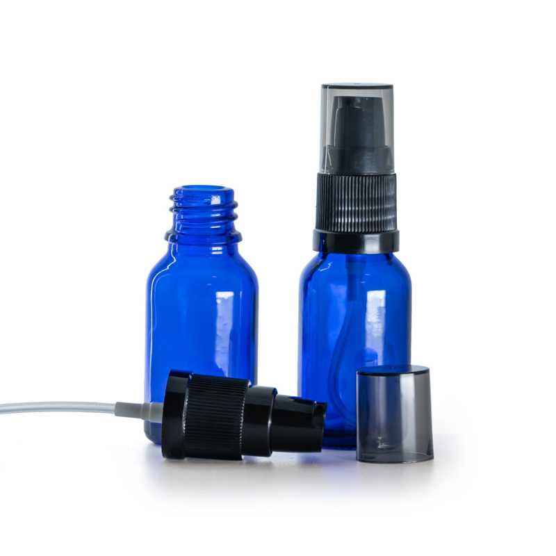 Blue Glass Bottle, Black Lotion Pump with Smoky Overcap, 15 ml