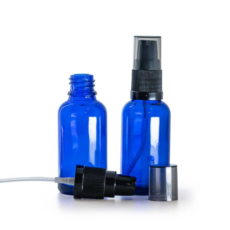Blue Glass Bottle, Black Lotion Pump with Smoky Overcap, 30 ml