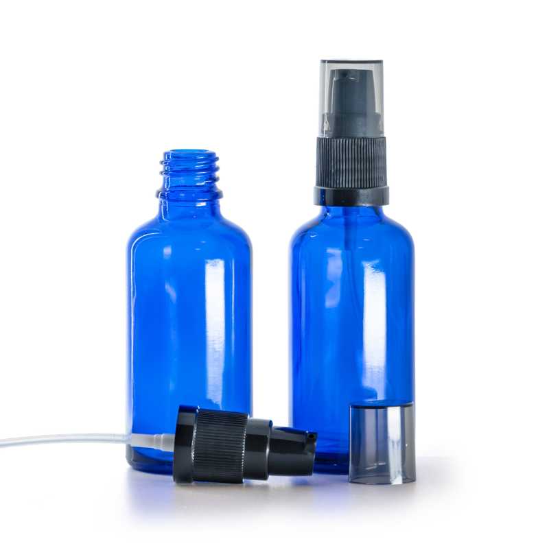 Blue Glass Bottle, Black Lotion Pump with Smoky Overcap, 50 ml