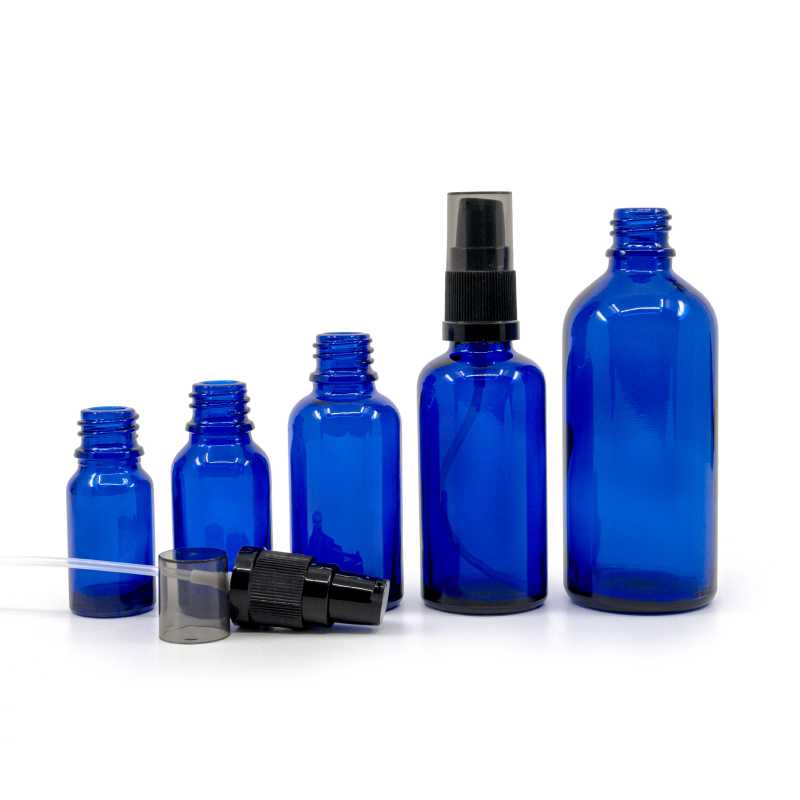 Glass bottle, so called vial, made of thick glass of dark blue colour. It is used for storing liquids, which, thanks to its colour, it effectively protects from