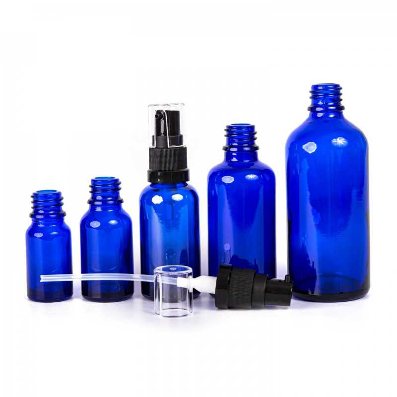 Glass bottle, so called vial, made of thick glass of dark blue colour. It is used for storing liquids, which, thanks to its colour, it effectively protects from