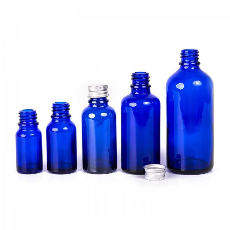 Glass bottle, so called vial, made of thick glass of dark blue colour. It is used for storing liquids, which, thanks to its colour, it effectively protects from