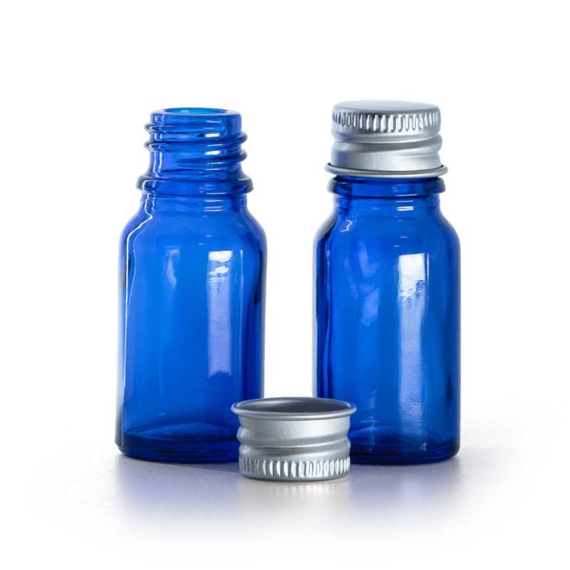 Blue Glass Bottle, Silver Aluminium Cap, 10 ml