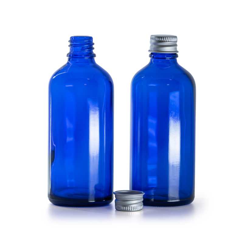 Blue Glass Bottle, Silver Aluminium Cap, 100 ml