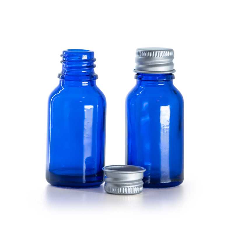 Blue Glass Bottle, Silver Aluminium Cap, 15 ml