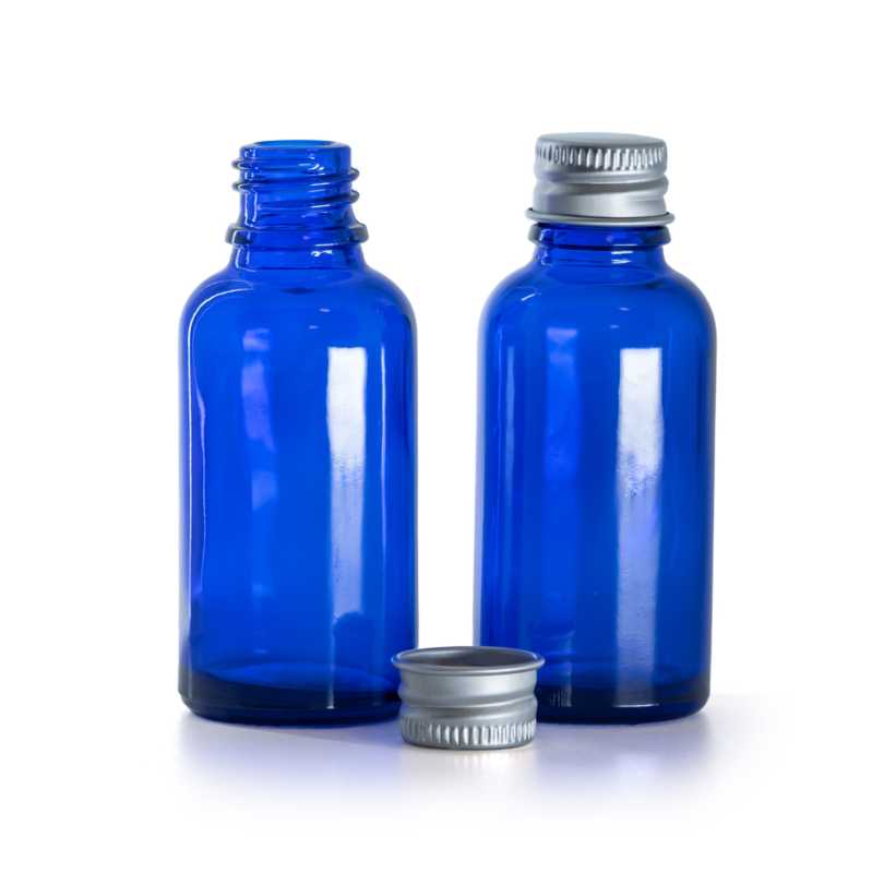 Blue Glass Bottle, Silver Aluminium Cap, 30 ml