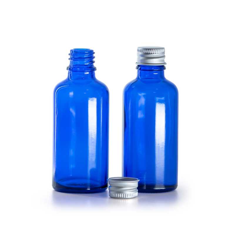 Blue Glass Bottle, Silver Aluminium Cap, 50 ml