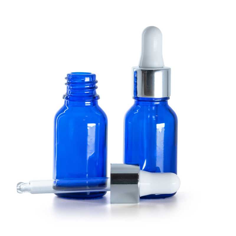 Glass Bottle Blue, Glossy Silver Dropper, 15 ml