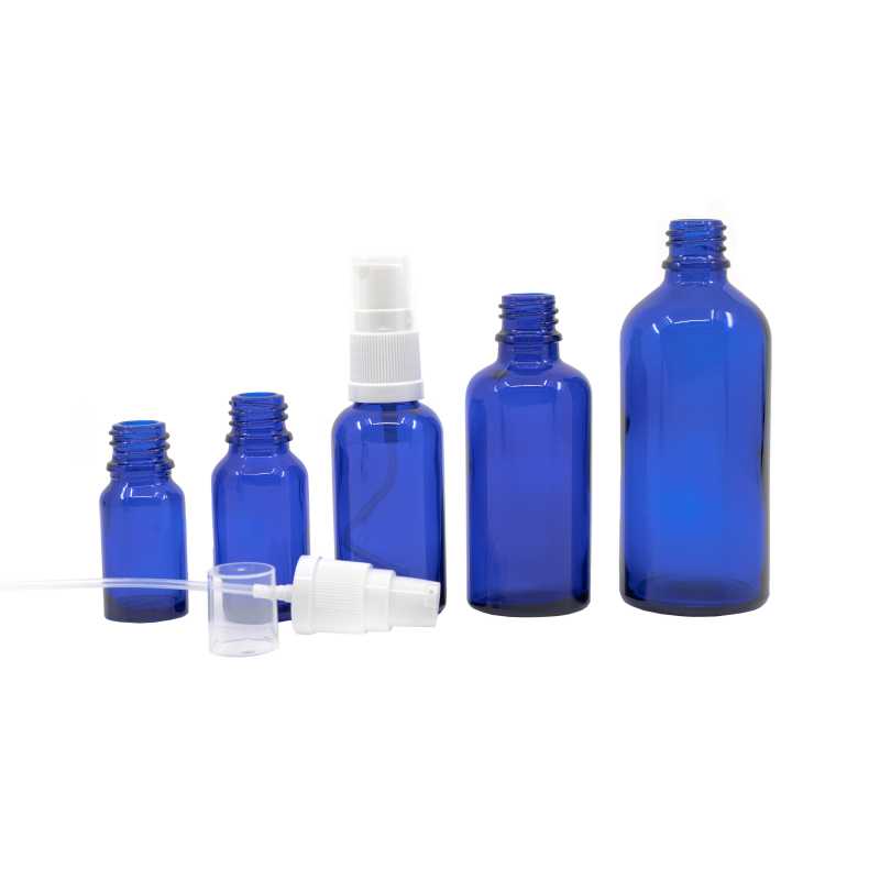 Glass bottle, so called vial, made of thick glass of dark blue colour. It is used for storing liquids, which, thanks to its colour, it effectively protects from