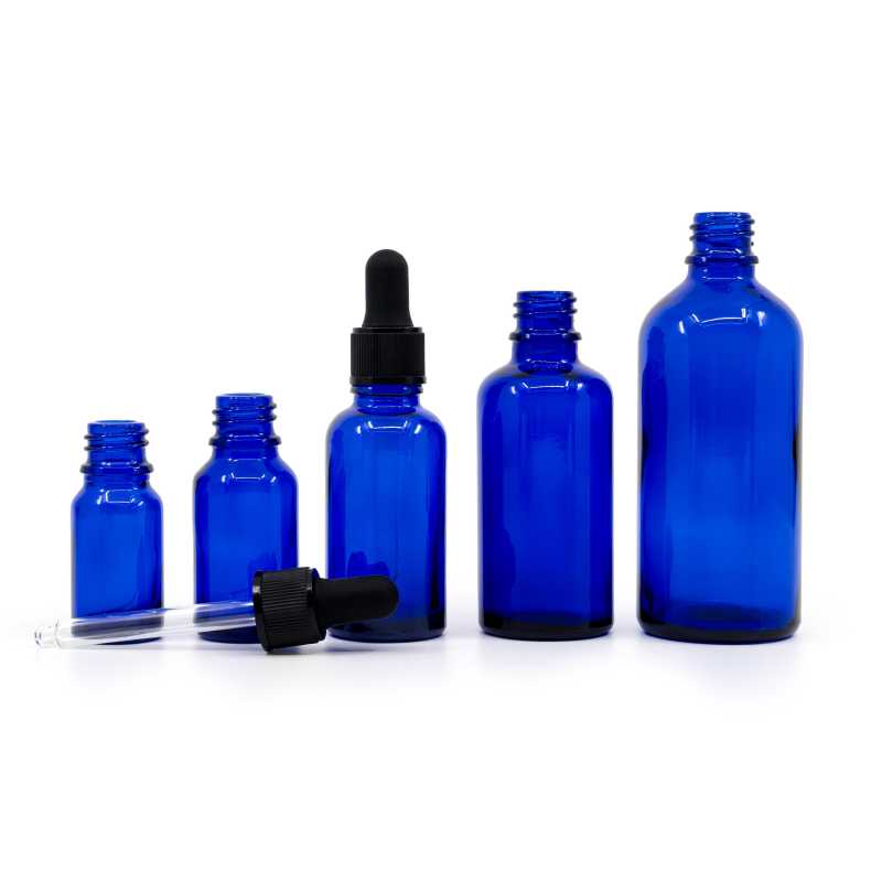 Glass bottle, so called vial, made of thick glass of dark blue colour. It is used for storing liquids, which, thanks to its colour, it effectively protects from