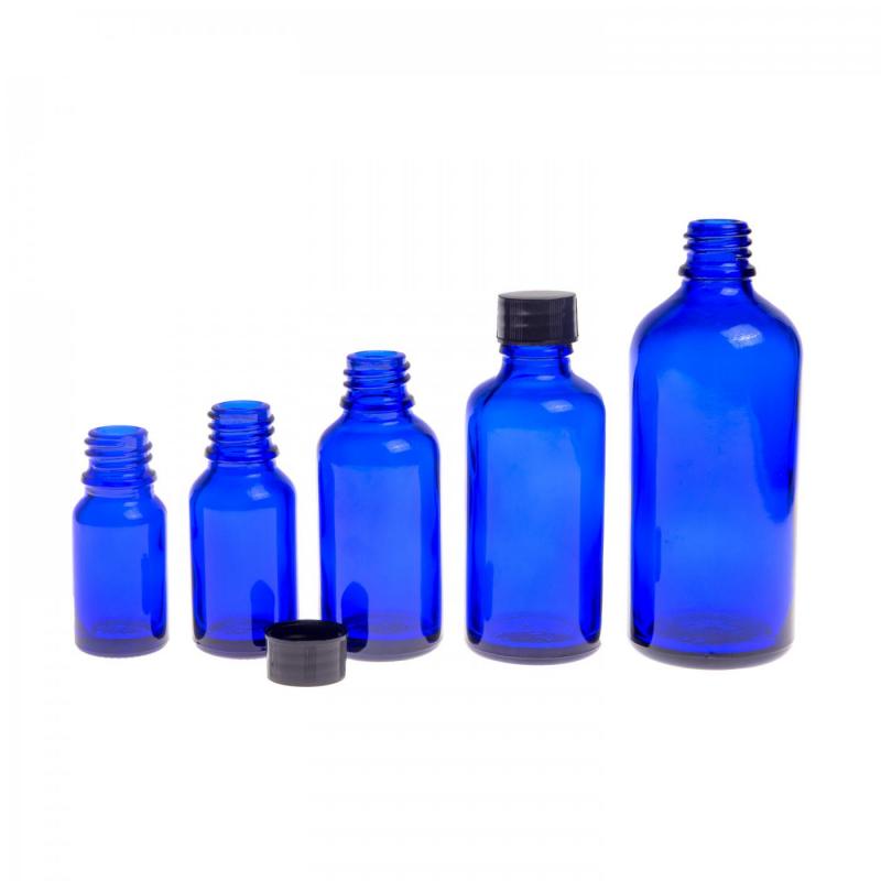 Glass bottle, so called vial, made of thick glass of dark blue colour. It is used for storing liquids, which, thanks to its colour, it effectively protects from