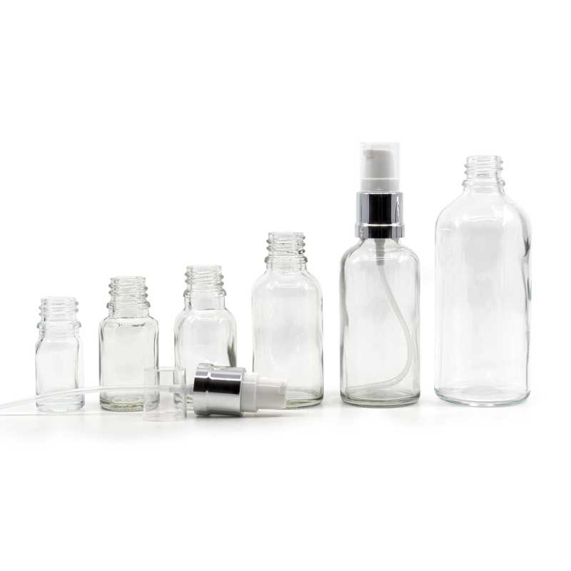Clear Glass Bottle, Glossy Silver White Pump, 100 ml