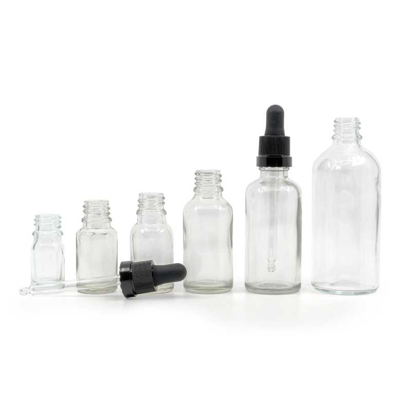 Clear Glass Bottle, Matte Black Dropper With Shiny Strip, 30 ml