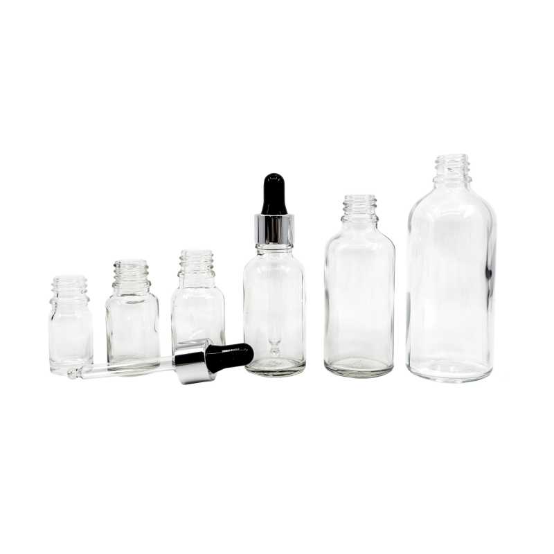 The glass bottle, the so-called vial, is made of thick transparent glass. It is used for storing liquids.Volume: 10 ml, total volume 15 mlHeight of bottle: 59,5