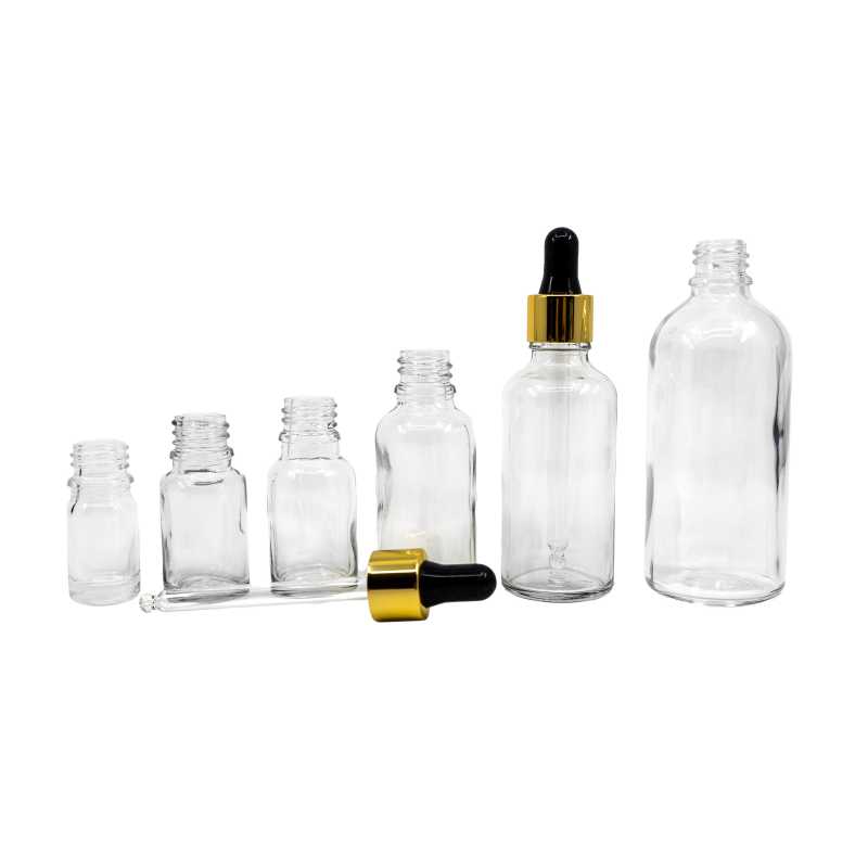 Clear Glass Bottle, Gold Black Dropper, 10 ml