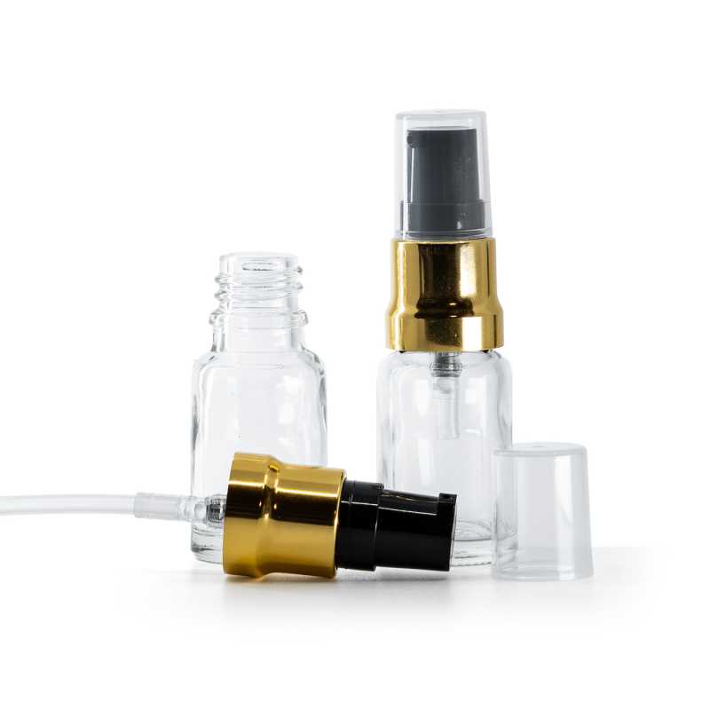 Clear Glass Bottle, Glossy Gold Black Pump With Clear Overcap, 10 ml