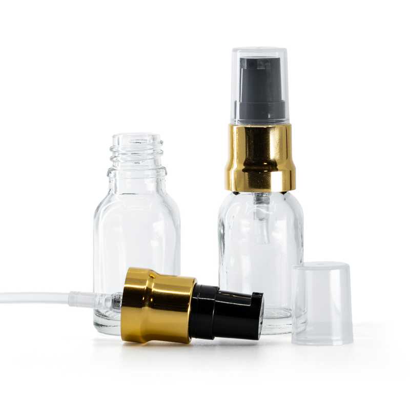 Clear Glass Bottle, Glossy Gold Black Pump With Clear Overcap, 15 ml